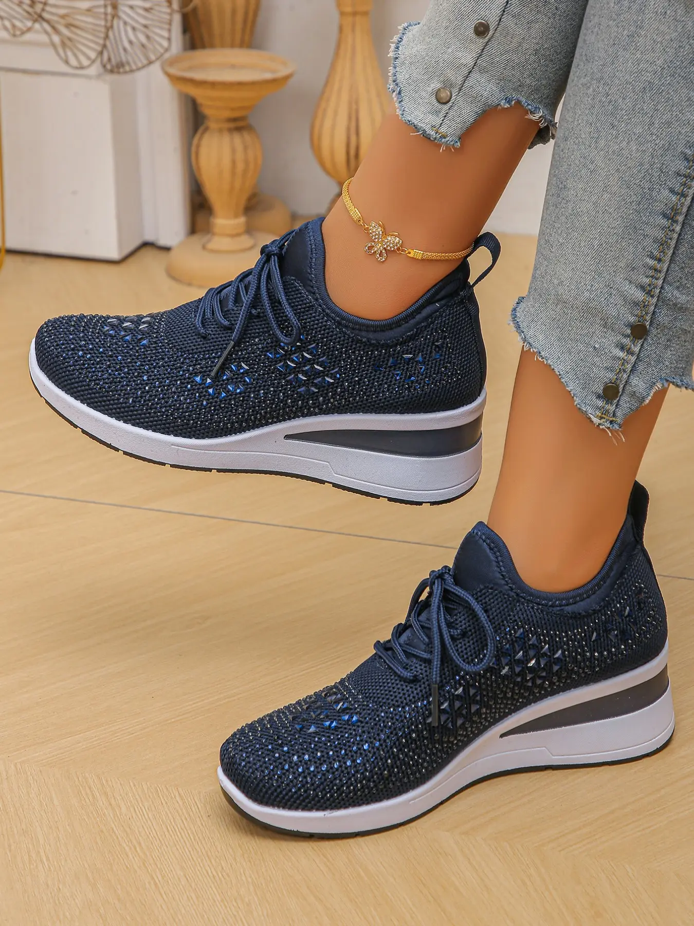 Rhinestone Decor Lace Up Wedge Platform Walking Sneakers for Women, Flexible Non-Slip Shock Absorbing Rubber Sole Trainers for Shopping Weekend Trips & Daily Leisure