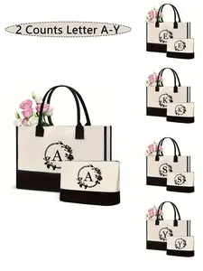2pcs Letter Print Canvas Tote Bag Set, Large Capacity Reusable Handbag and Lightweight Zipper Makeup Pouch, Ideal for Daily Commute，Shopping And Beach Bag For Women,Birthday Gift for Mom Grandma Wife Sister