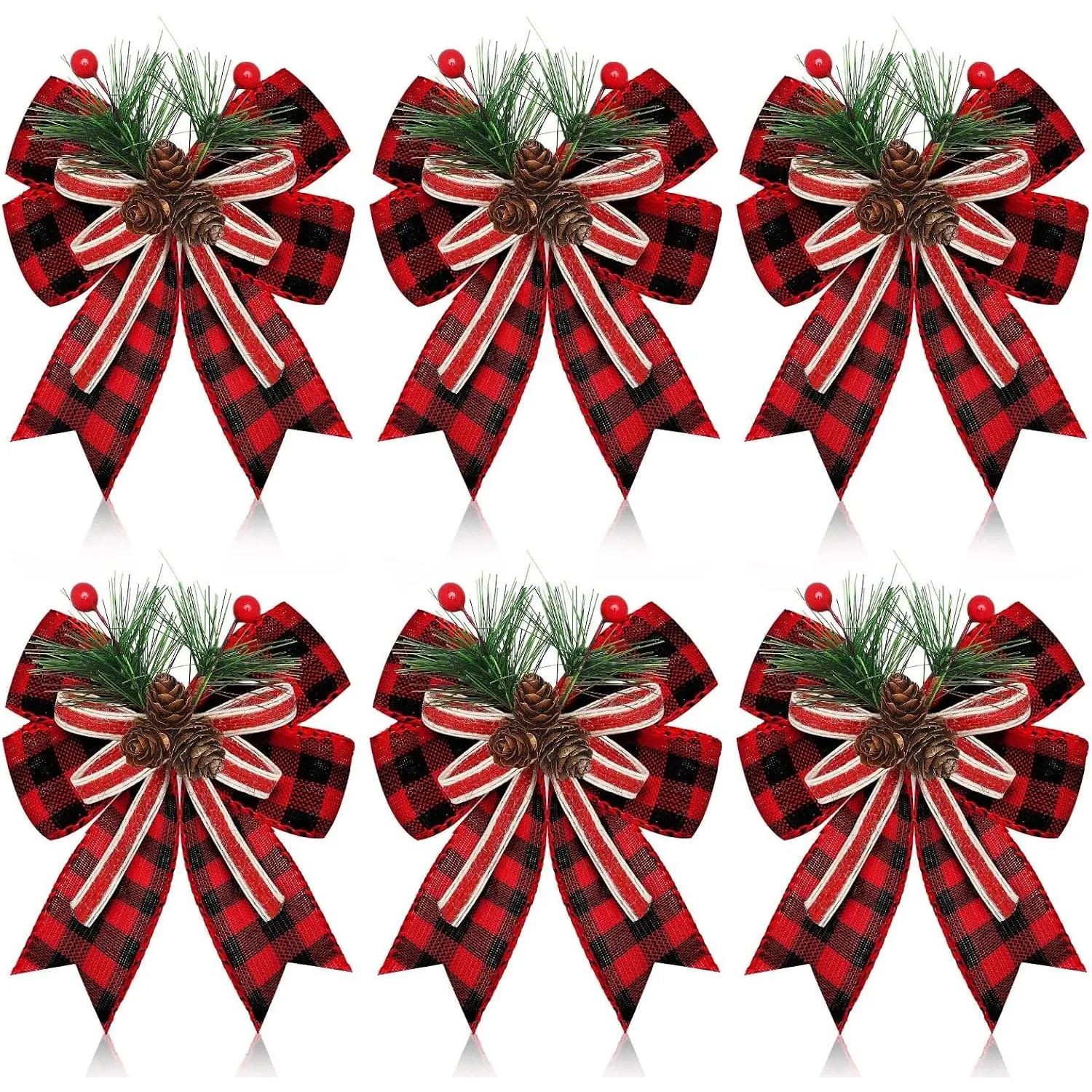 6 count Christmas Burlap  Bow with Pine Cones Pine  Xmas Checkered Ribbon Bow for Christmas Indoor Outdoor  Tree Wreath Garland Craft Decor(Red and Black)