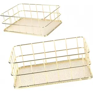 Two Small Gold Wire Basket - 9.6x6.7x2.8 、6.8*4.8*2.3inch ,Metal Wire Mesh Storage Basket for Home Organization | Ideal for Desk, Laundry, Wedding Bathroom & Cosmetic Stations