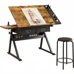 Height Adjustable Drafting Table, Tilted Tabletop Art Table for Adults, Adjustable Drawing Drafting Tables Desk with 2 Drawers and Stool for Home Office School, White Oak