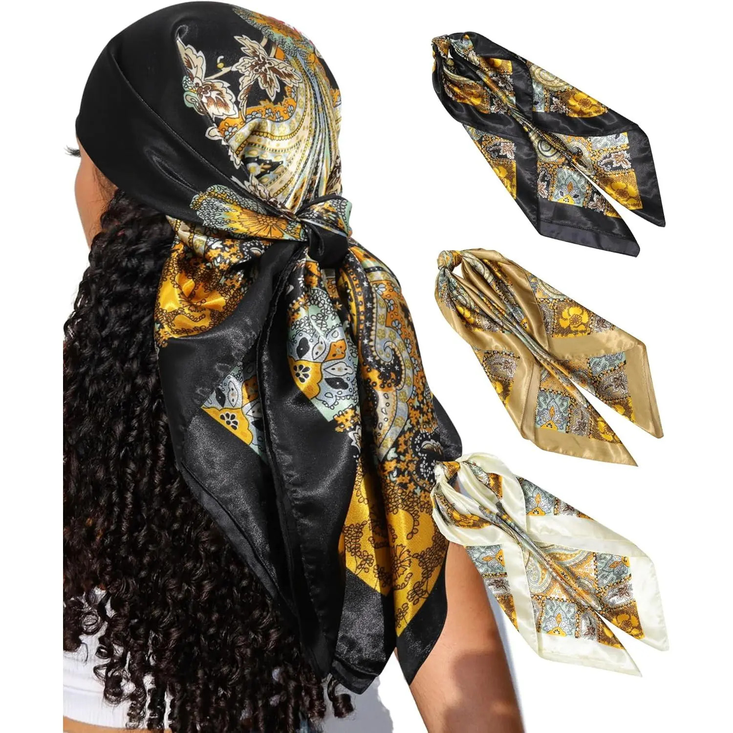 Baby Silk Scarves - 3Pcs 35" Satin Square Silk Feeling Bandana, Lightweight Multi-Colors Sleeping Wrap, Women's New Model Scarfs, Lightweight Silk Scarfs, Silk Scarf