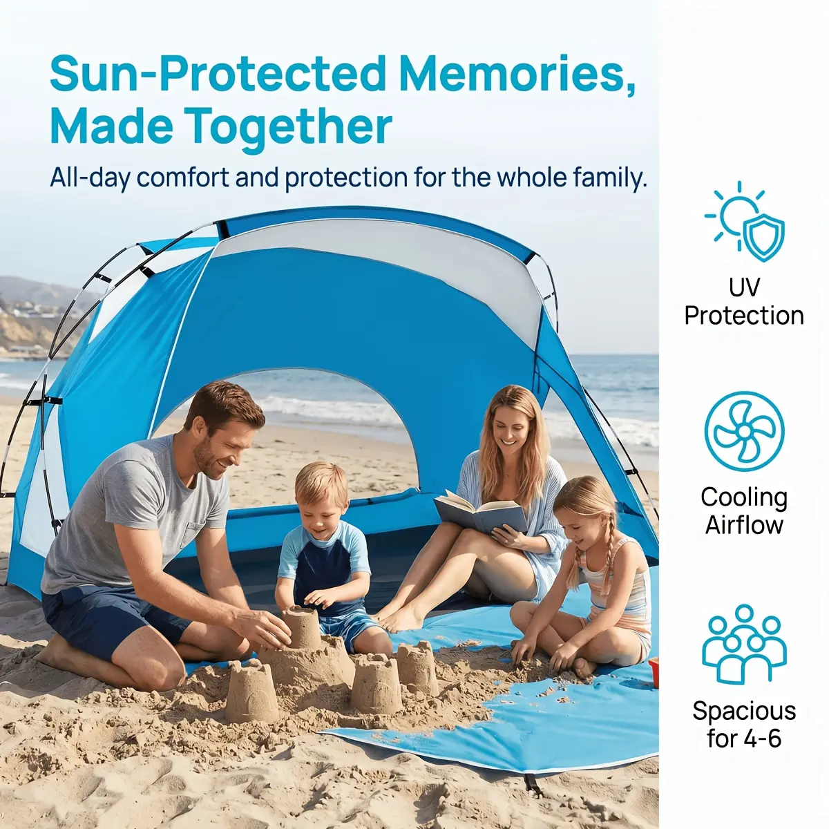 Beach Tent, Beach Canopy Shade Tent with UPF 50+UV Protection for 4-6 Person, High Quality Portable Easy Setup Beach Sun Shelter Tent for Outdoor Adventures, Camping, And Picnics with Carrying Bag
