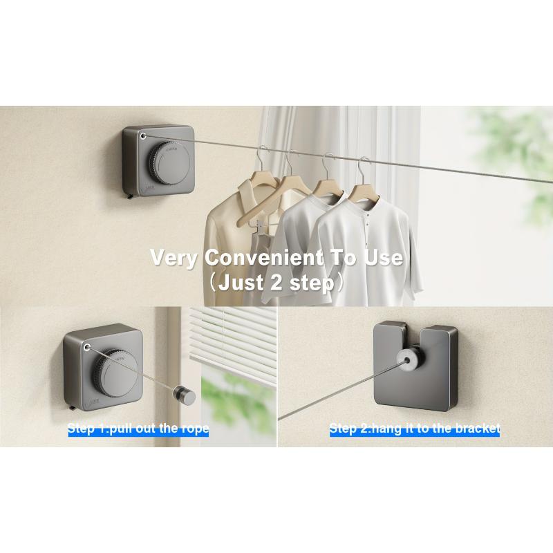 Retractable Heavy-Duty Clothes Drying Line - 15.1 Feet Long, Non-Sagging, Wall Mounted, Stainless Steel, Indoor and Outdoor Use, Gray Color Laundry Metal Laundry Metal