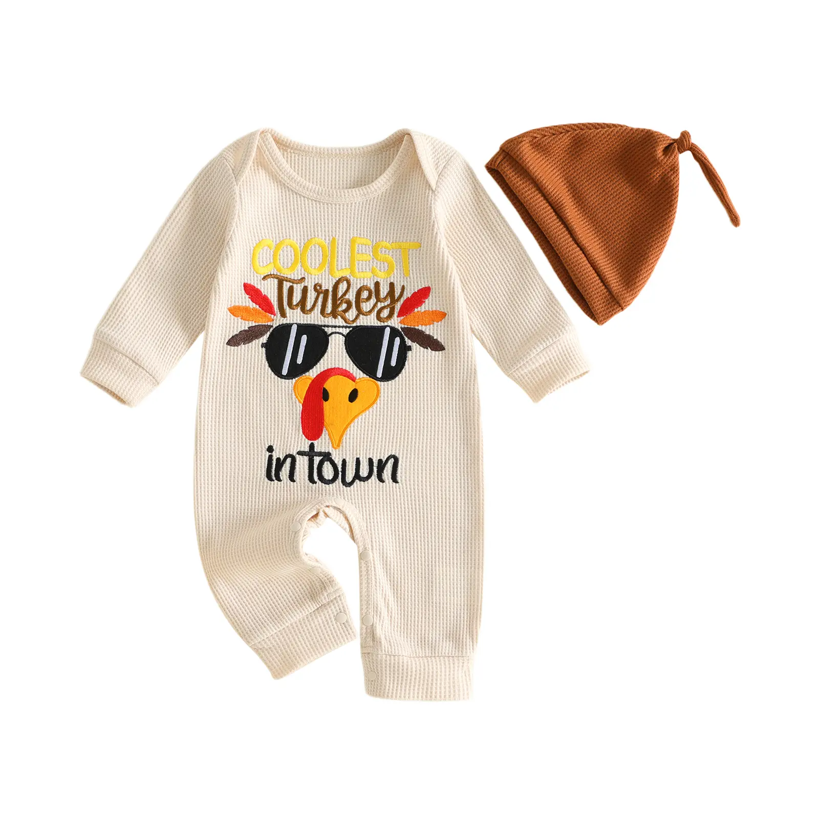 Infant Baby Boys Thanksgiving Romper Letter Turkey Embroidered Long Sleeve Jumpsuit Bodysuit with Hat 0-18 Months