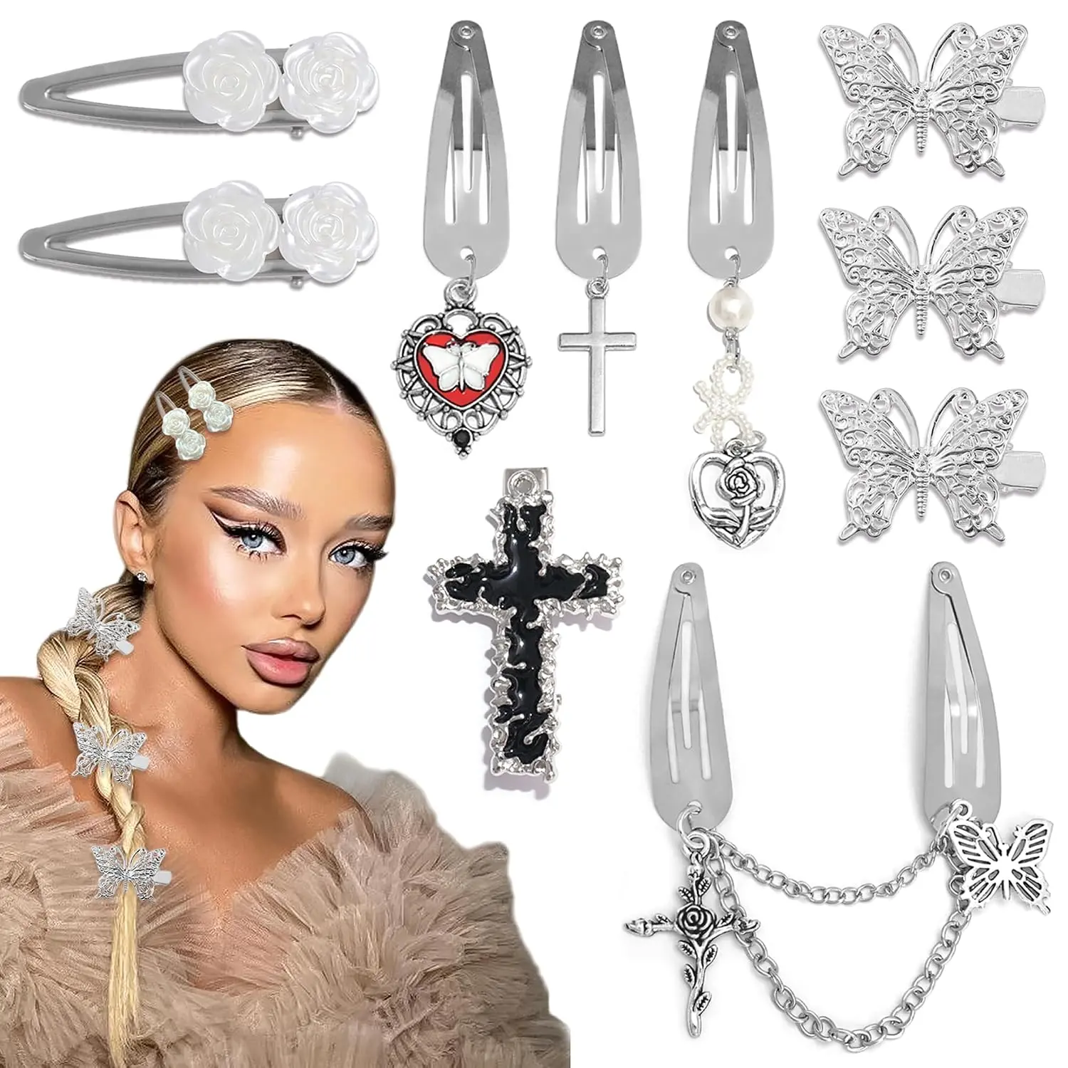 Punk Hair Clips Y2K  Barrettes 10 count Butterfly Pendant Metal Snap Clips 7 Shapes Black   Clips Baroque Flower Hair Accessories for Women and Girls