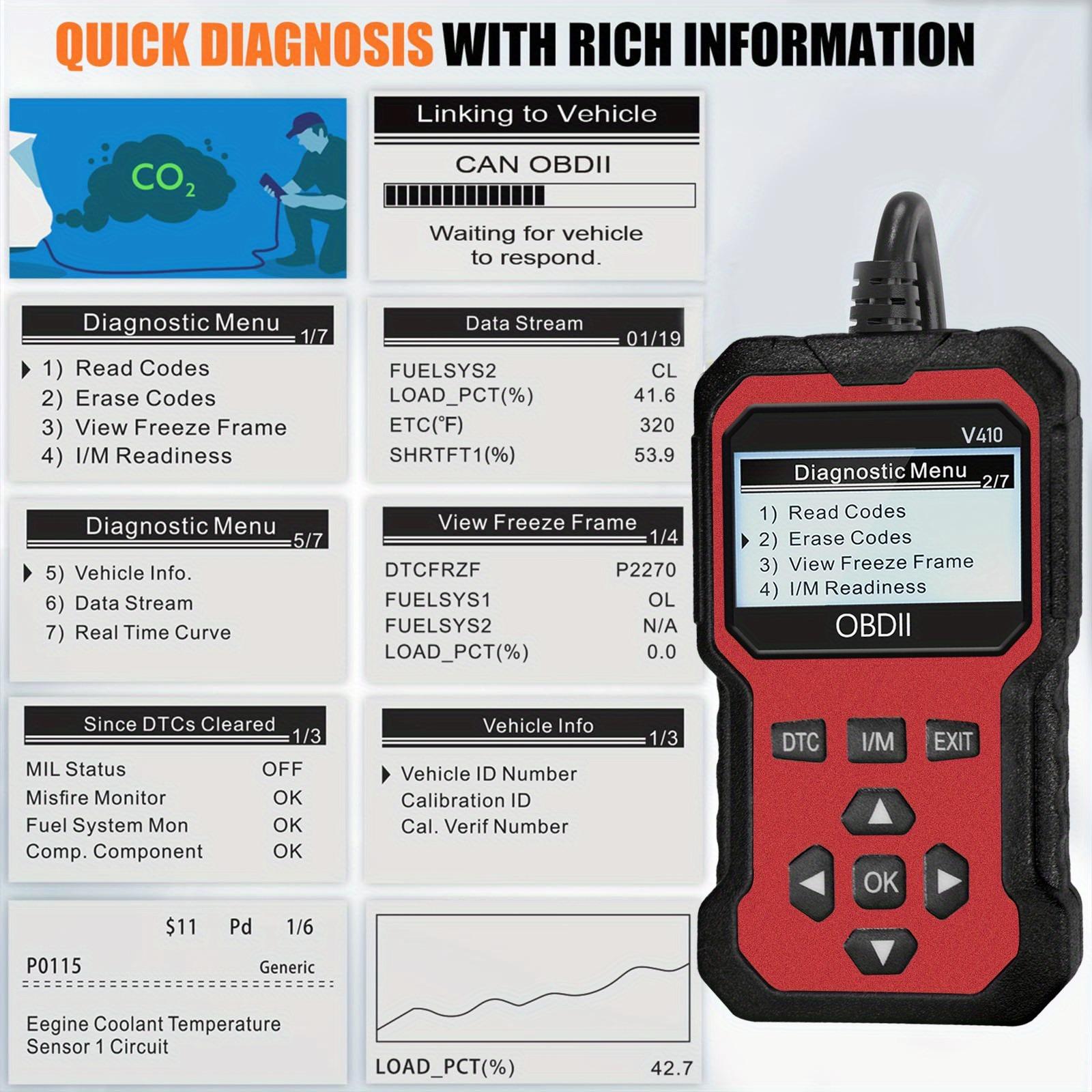 OBD2 Car Diagnostic Tool, OBDII Universal Diagnostic Tool, Integrated Engine Fault Detection, Fault Code Reading & Voltage Charging Test Functions