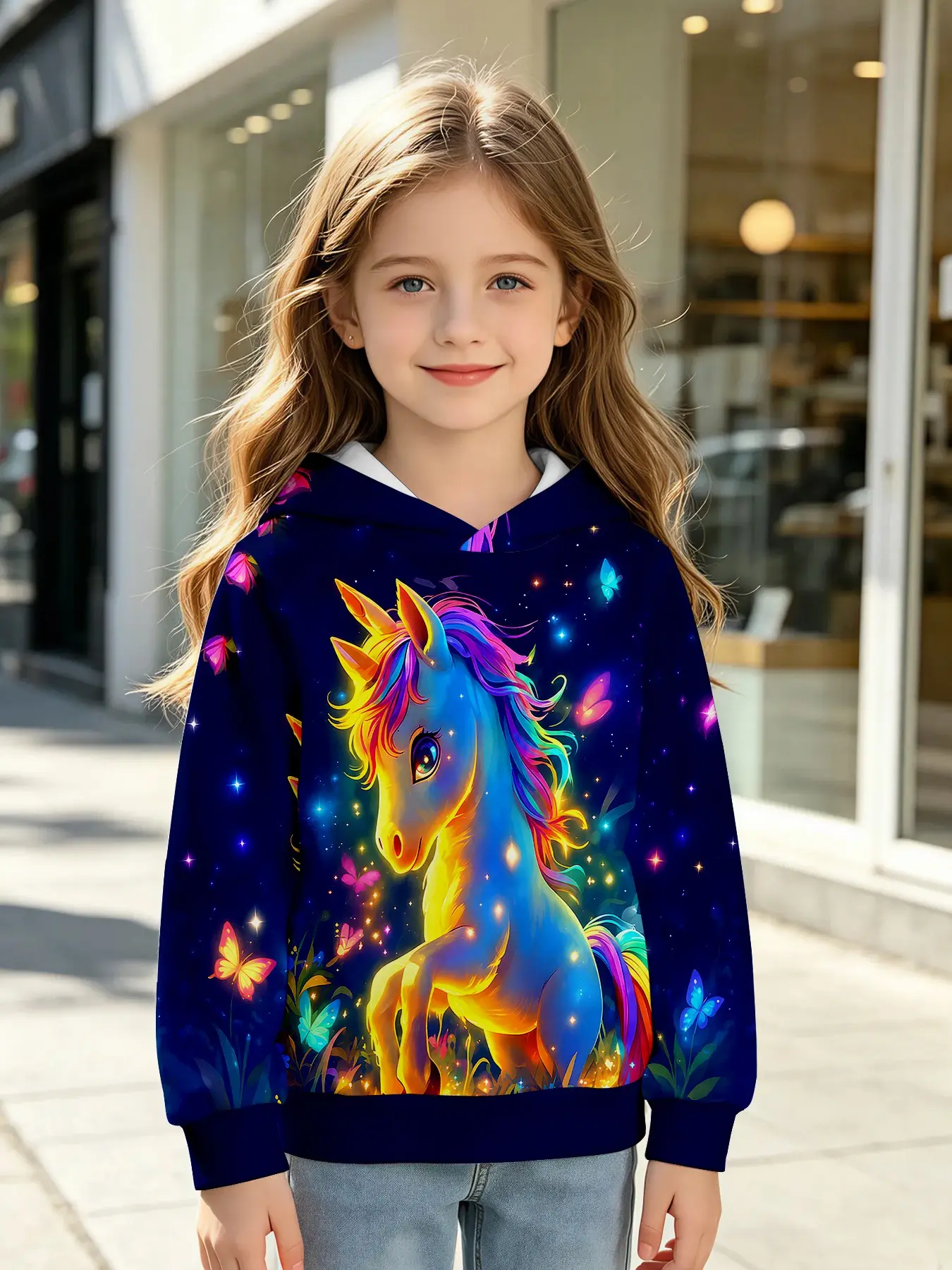 Girls' Unicorn 3D Print Hoodie, Dreamy Cartoon Long Sleeve Sweatshirt, Casual Slim Fit, Perfect for Outdoor & Christmas Gifts