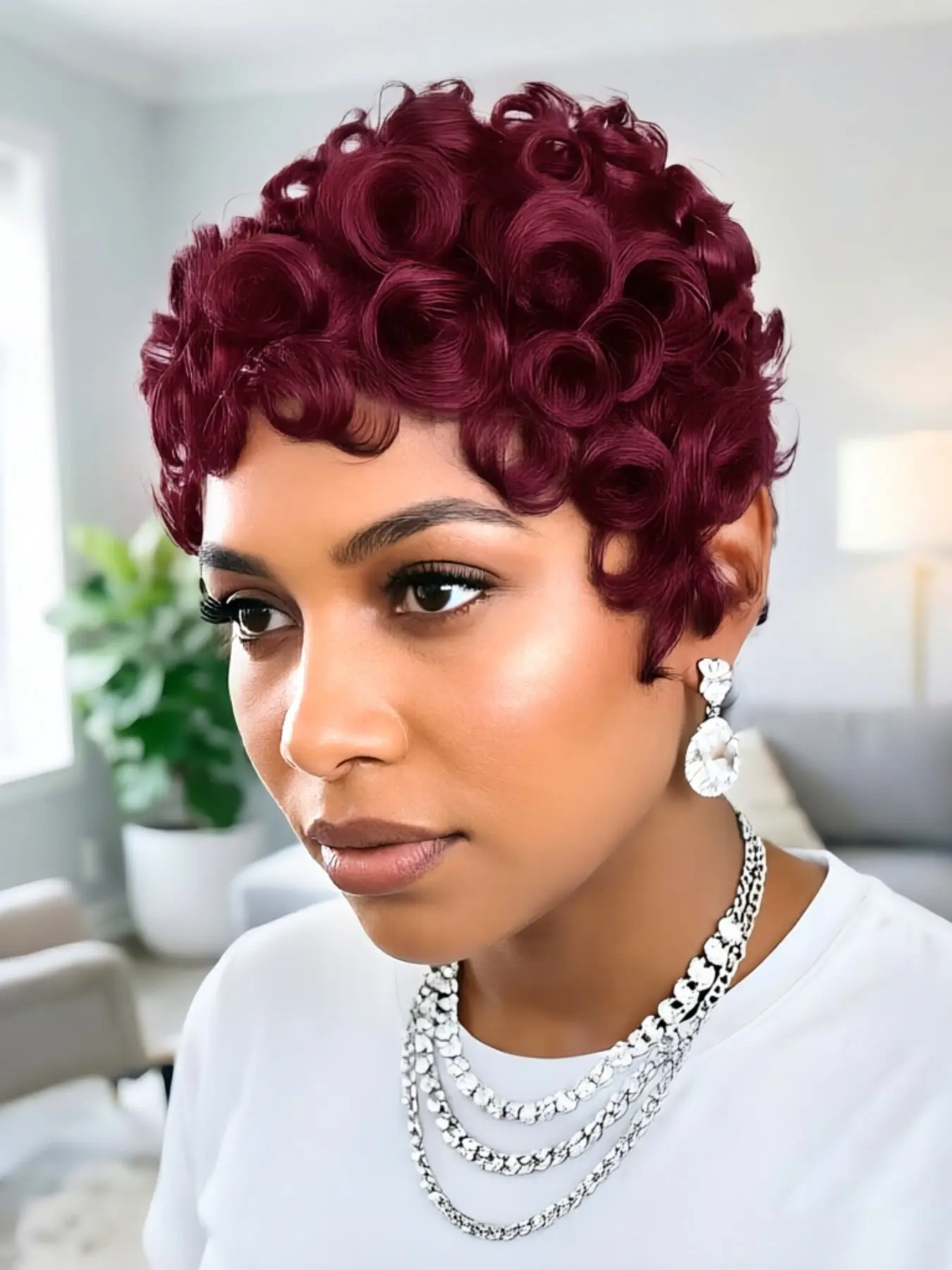 Pixie Cut Wigs Short 99j 4# Curly Natural Wavy Human Hair, Full Machine Made Wigs for Women, Everyday & Special Occasions