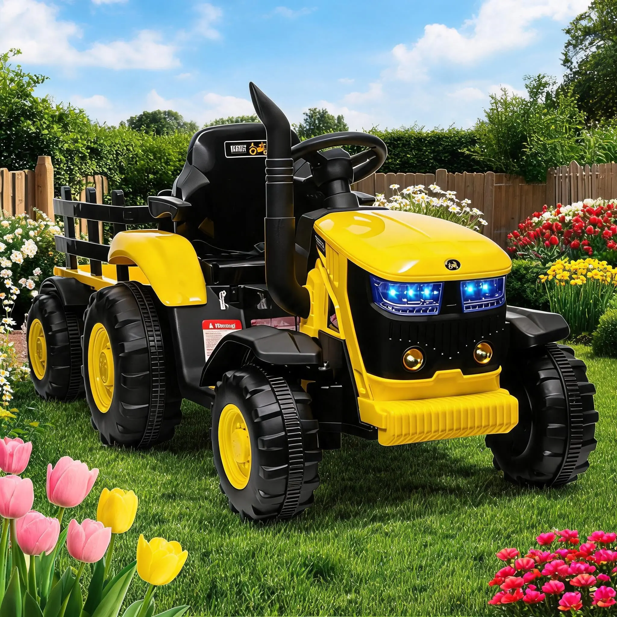 12V Battery Powered Kids Ride On Tractor with Remote Control - 35W Dual Motors, Detachable Trailer, Bluetooth Music, 3-Gear Shift, Safety Belt & 7 LED Lights for Boys & Girls