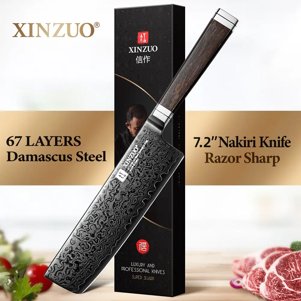 XINZUO Durable 7.2 Inch Nakiri Knife, High-End 67 Layers Damascus Steel, Premium Ebony Handle, Hand-Forged Kitchen Knife, Multi-Purpose Home Use