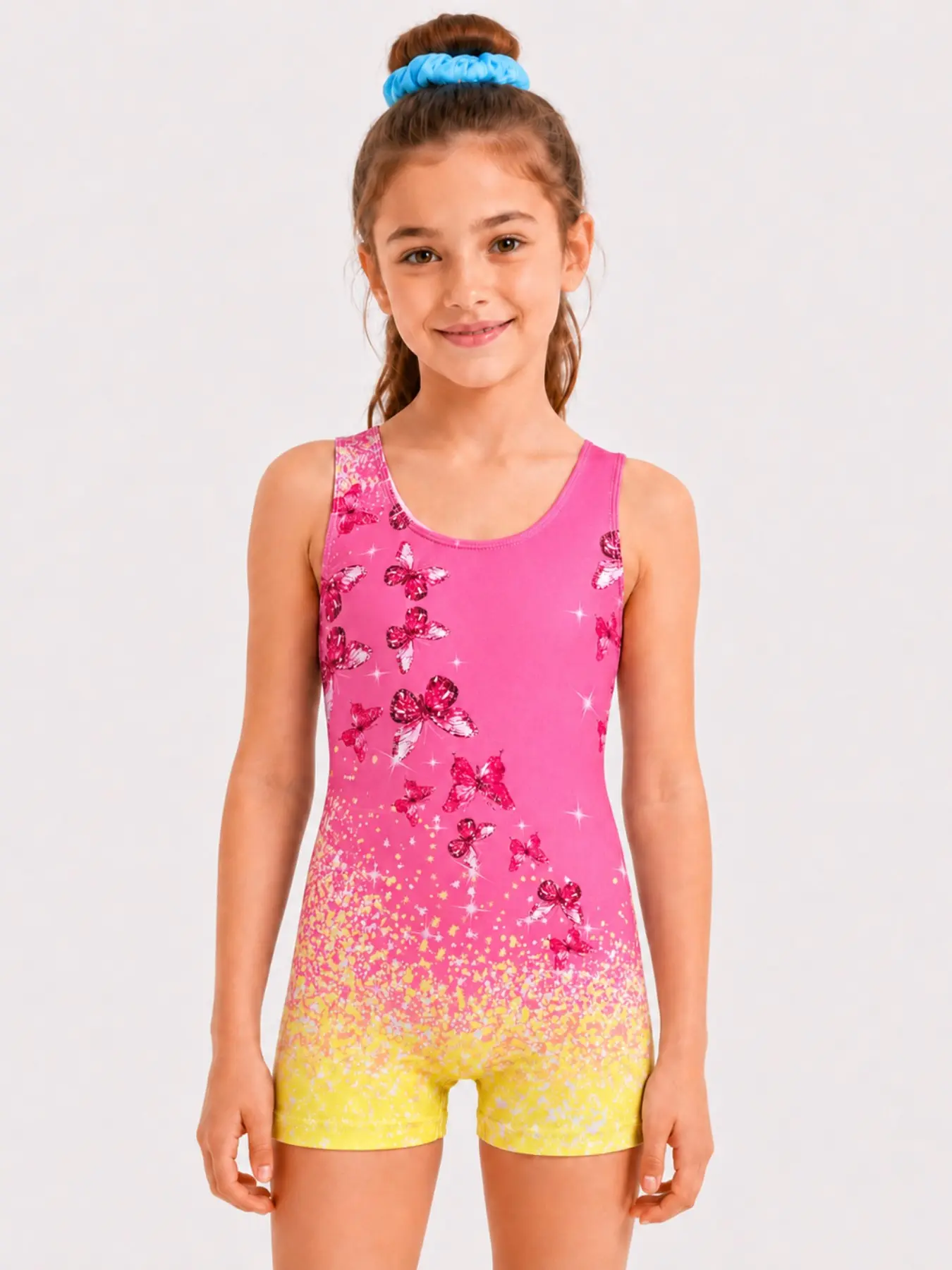 Girls' Gymnastics Onesie, Butterfly Gradient Sleeveless Kids' Workout Suit, Ideal for Dance, Acrobatics, Swimming Training