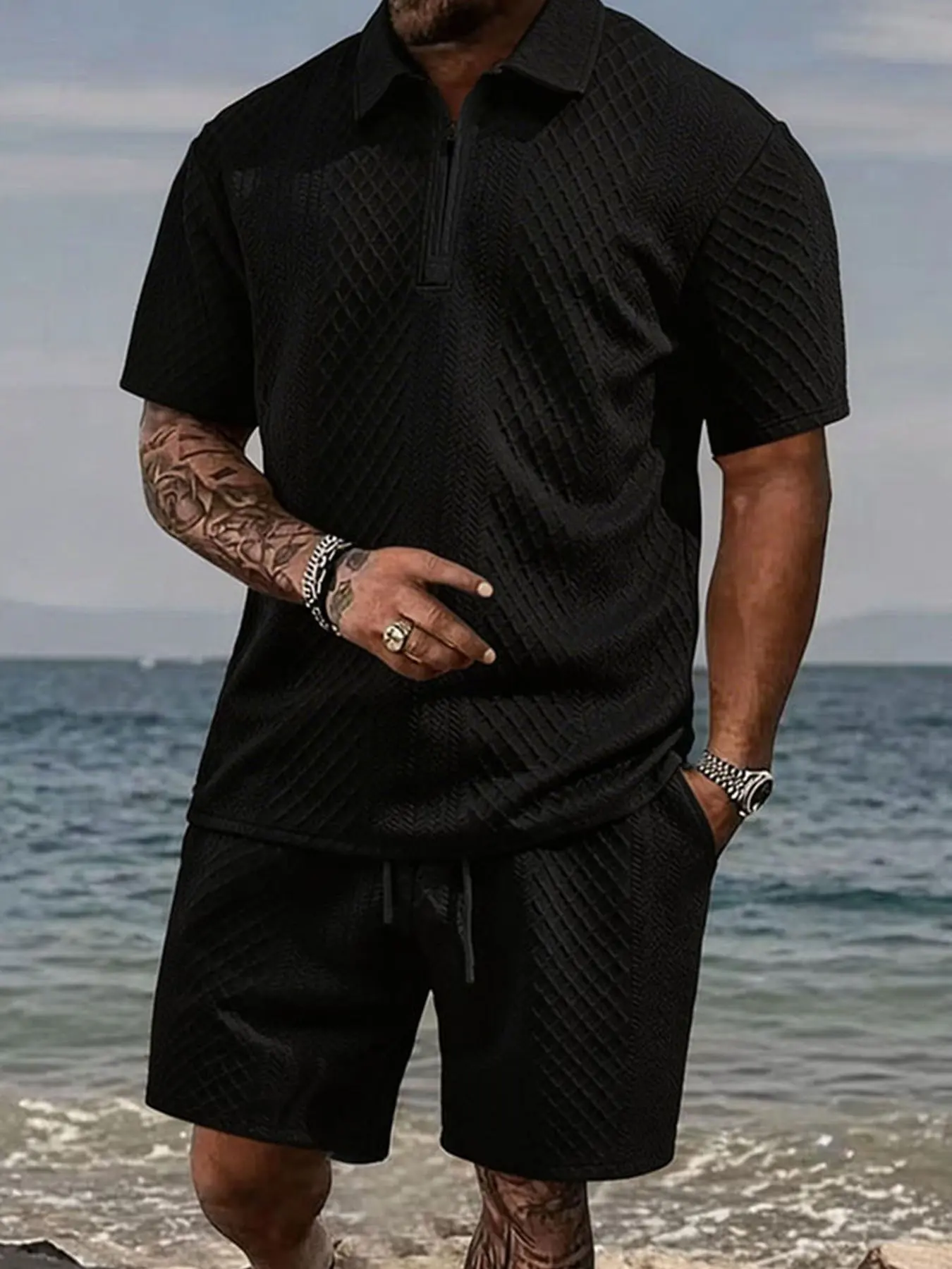 Men's Casual Loose Fit Set, Half-Zip Collared Top, Drawstring Shorts, Two-Piece, Comfortable and Stylish, Perfect for Daily Wear