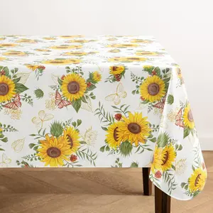Sunflower Season Vintage Floral Water- and Stain-Resistant Vinyl Tablecloth with Flannel Backing, 52 Inches X 70 Inches, Rectangle