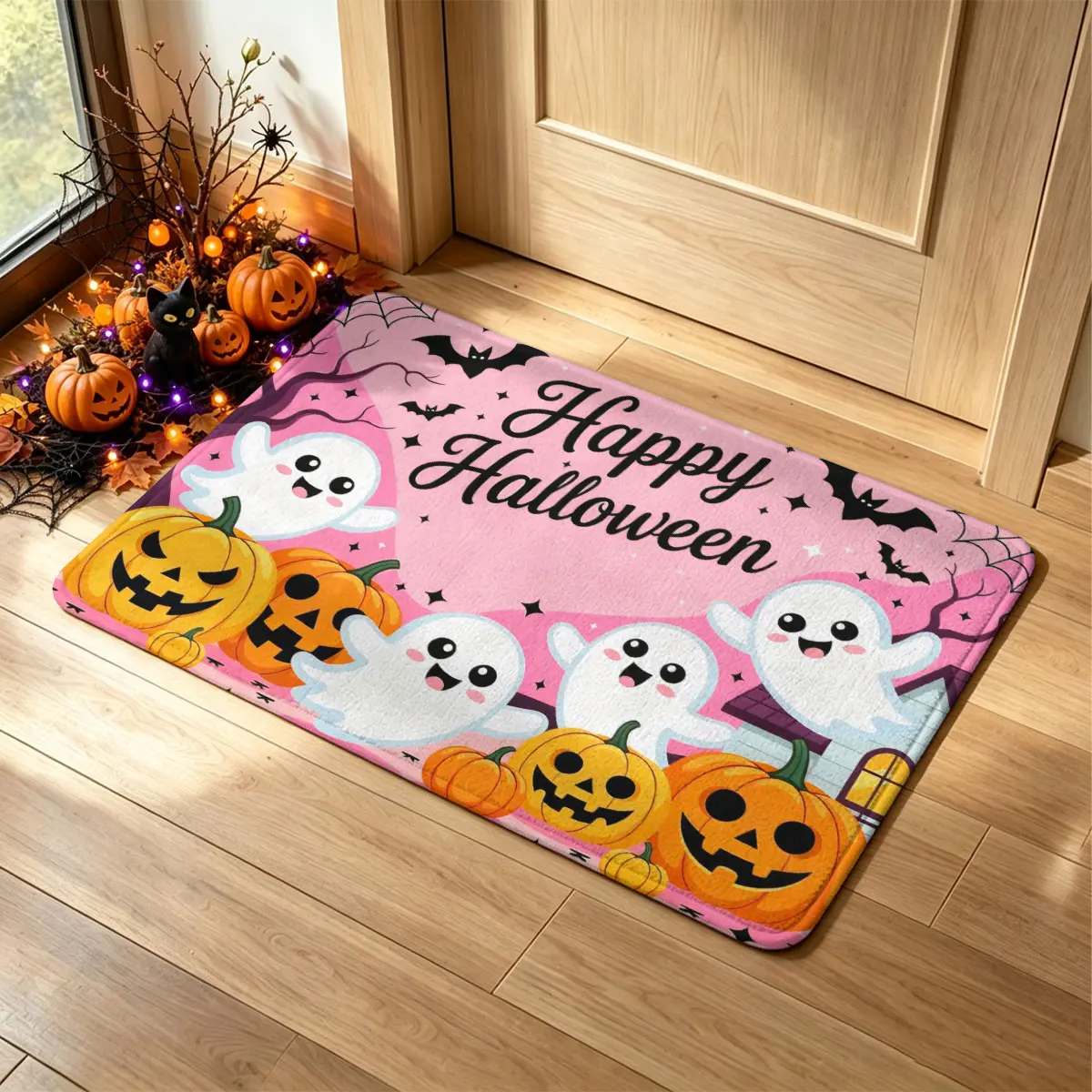 1 PC Rectangular Felt Mat,Halloween elemental print,Soft silicone backing felt mat, comfy foot touch, wear-resistant easy clean, multi-use mat for entry, dining, bedside pet stain defense