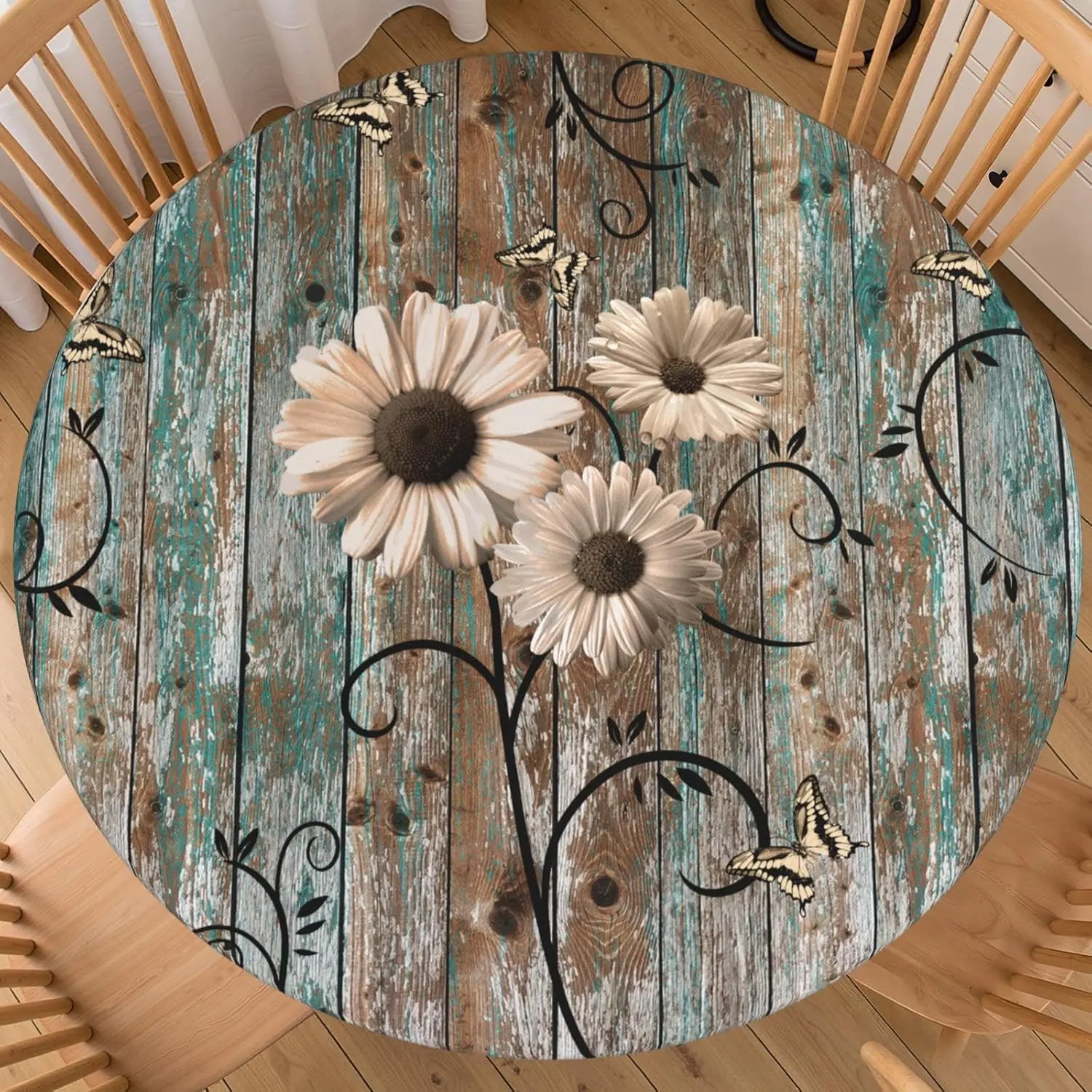 Rustic Daisy Round Fitted Tablecloth with Elastic Edge Vintage Farmhouse Sunflowers Circle Table Cloth 40-44 Inch Shabby Chic Flower Barnwood Table Cover Washable for Kitchen Dining Party Decor