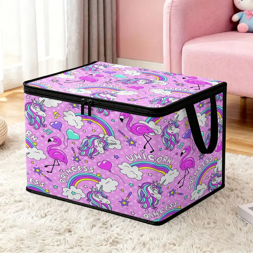 Non-woven Storage Box with Pink Dreamy Unicorn, Flamingo and Rainbow Prints, Double Zipper, Portable Handle, Foldable Fabric Storage Bin, Princess Girly Style, Large Capacity, Moisture-Proof, Organizer Case for Dolls, Clothes, Toys, Seasonal Quilts and Su