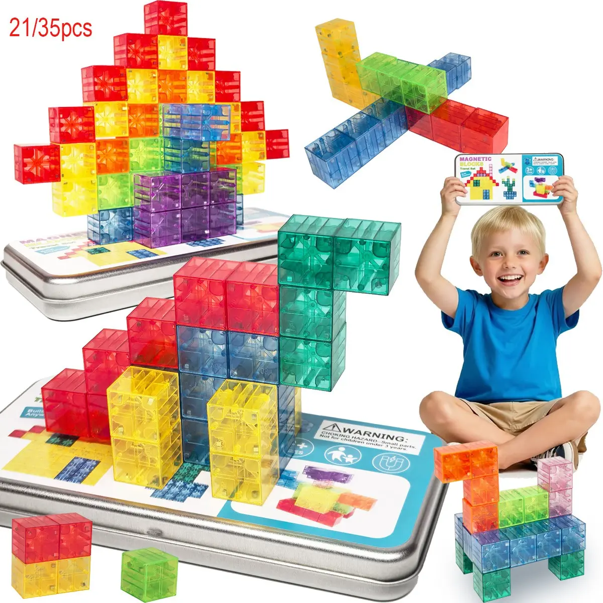 Magnetic Blocks, 21/35pcs Magnetic Building Blocks with Iron Box, Magnetic cubes, Magnet Toys Travel Size On-The-Go Construction Set STEM Travel Toys for Boys and Girls Ages 3+, Boys & Girls Birthday Gifts, Christmas Gifts