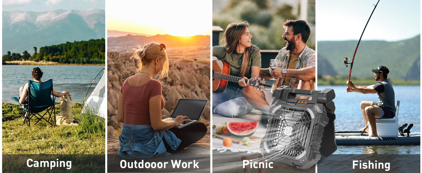 Solar Camping Fan with Light, 10400mAh USB Rechargeable Portable Fan