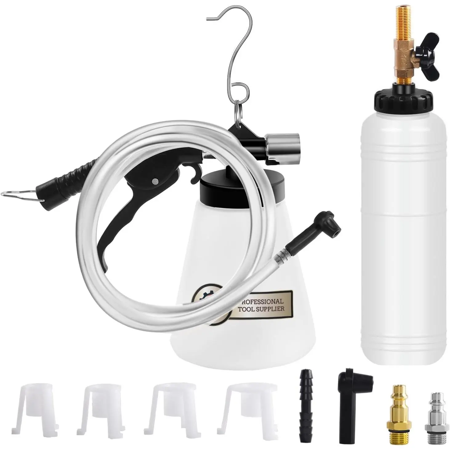 Pneumatic Vacuum  and Clutch Fluid Bleeder Tool Kit,     Oil Change Set with Extractor and Refill Bottle, 4 Master Cylinder Adapters, 2 Air Quick Plugs