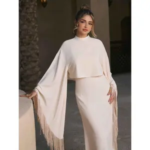 Cider High Neck Bell Sleeve Fringed cape overlay & Midi Dress Set