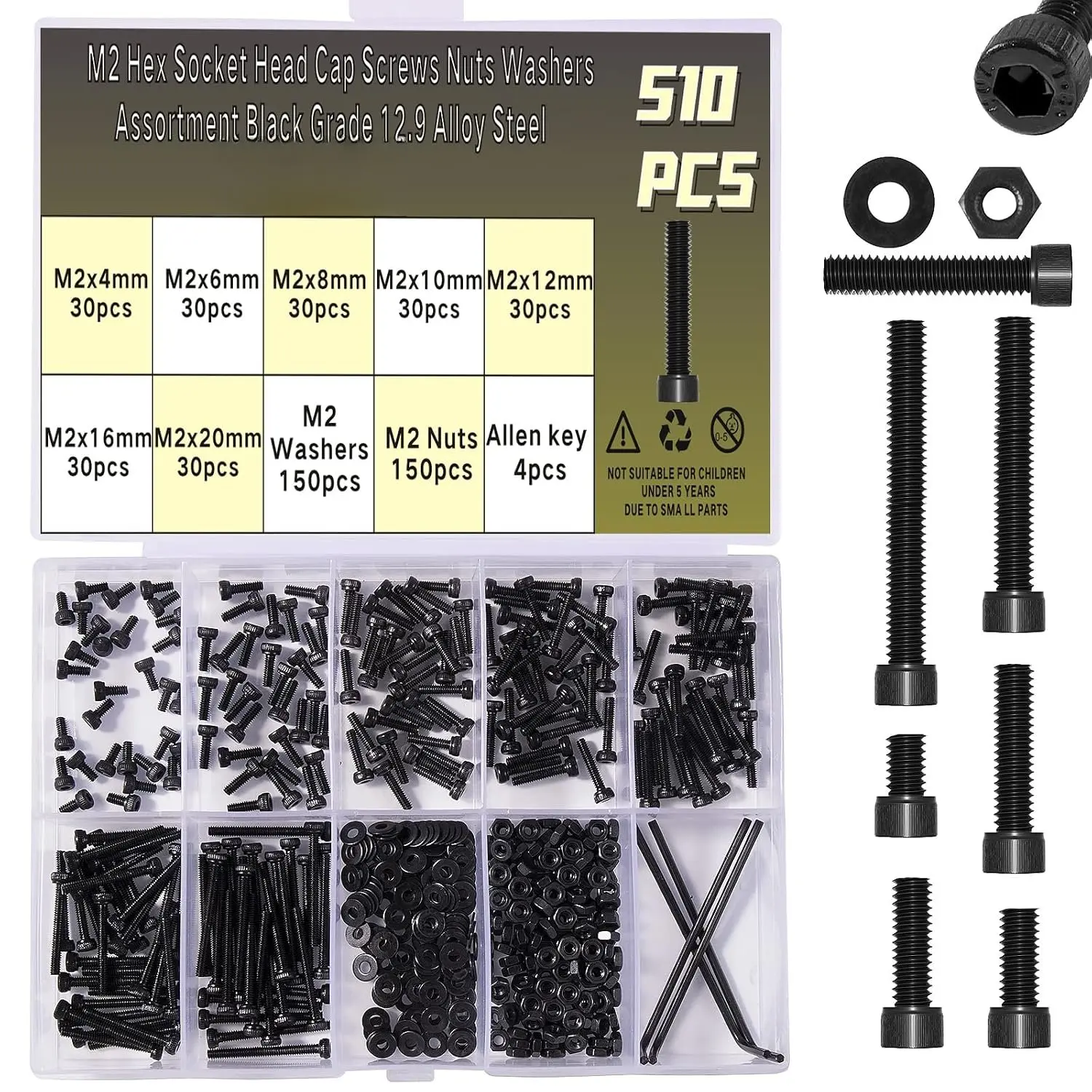 510 count M2 Socket Cap Screws Metric Hex Bolt Nuts Washers 12.9 Grade Alloy Steel Screw Hex Socket  Cap Small Machine Screws Kits with Wrench Key