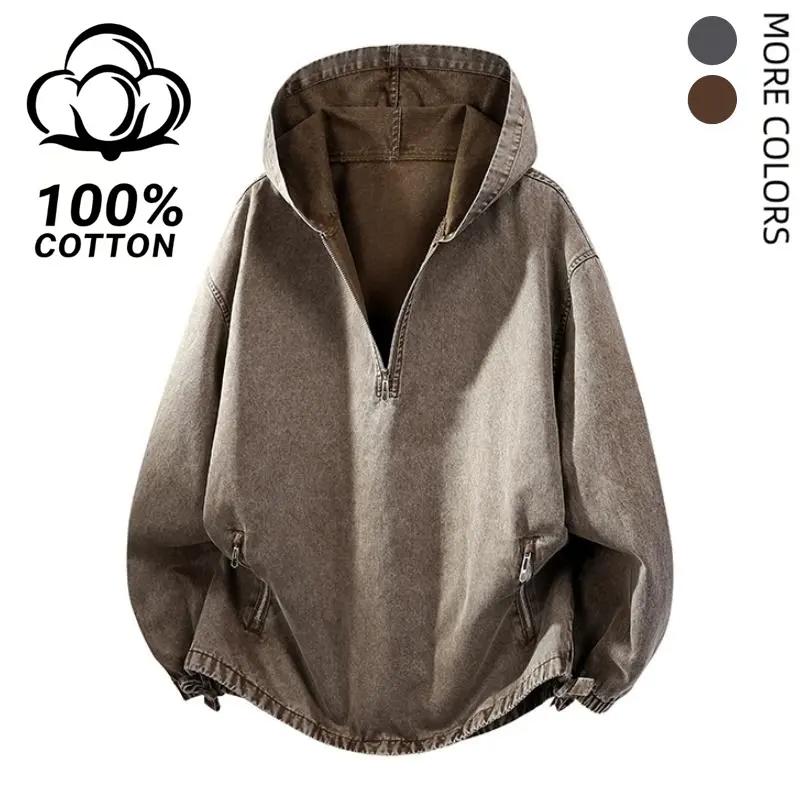 Pure cotton washed hooded sweatshirt for men-spring trend with a loose V-neck design; washed denim jacket with a retro half-zip closure, zip pockets, elastic hem, and elastic cuffs; made from soft, comfortable, breathable fabric, suitable for everyday wea