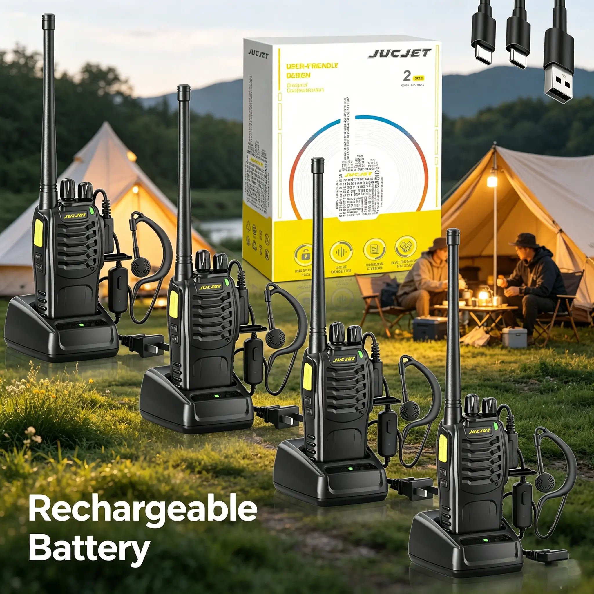 JUCJET 4-Pack Walkie Talkies with Type-C Charging Dock & Headsets, One-Click Pair 2-Way Radios, Rechargeable Lithium-ion Battery for Camping Road Trip Business