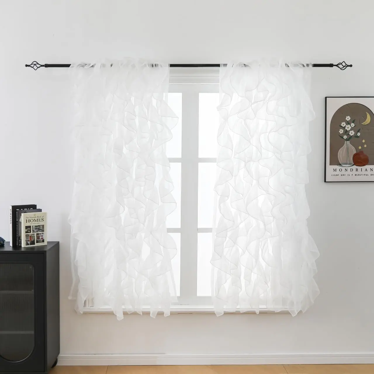 Shabby Chic Sheer Voile Vertical Ruffled Waterfall Window Curtain Panel 2 Panels (White, 50"×63")­