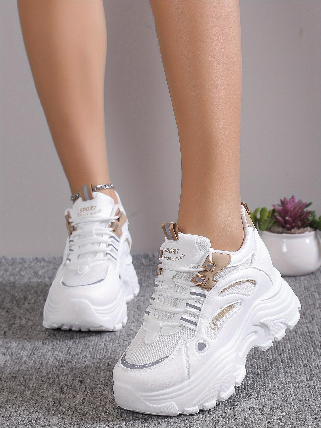 Versatile Comfy Mid-Top Solid Color Mesh Sneakers - Lace Up, Round Toe, Heightening Thick Rubber Sole, Breathable Fabric Upper, All-Season Casual Shoes for Women