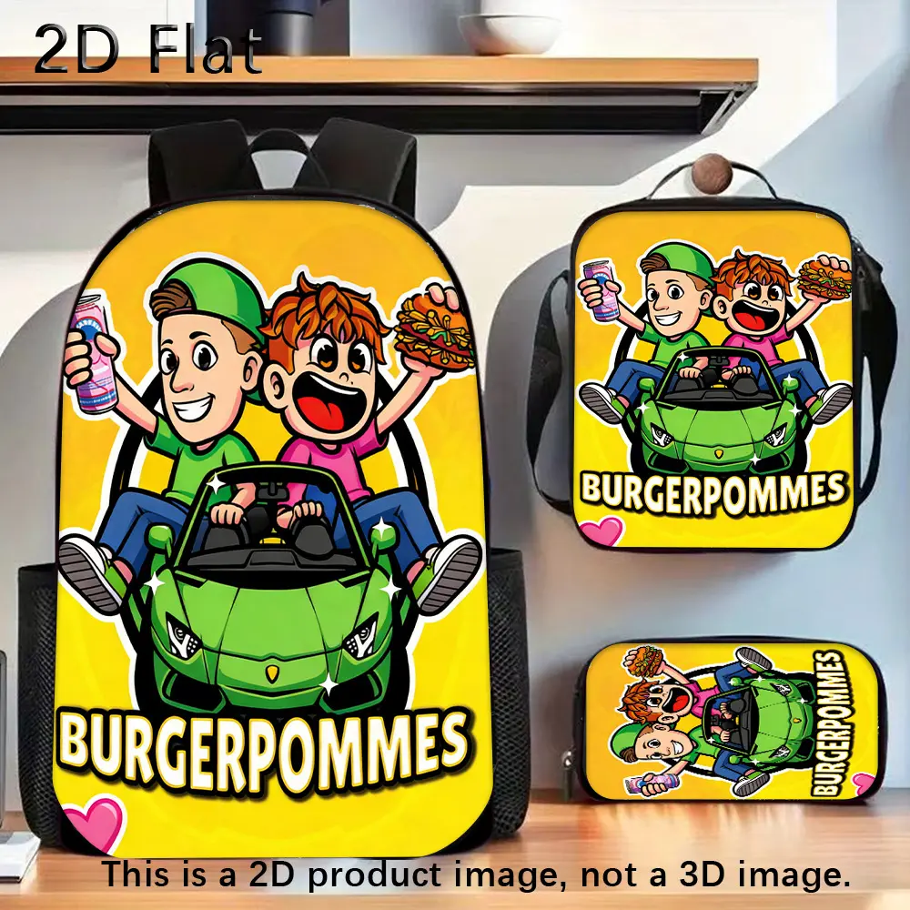 Boys' 3-Piece Street Racing Cartoon Backpack Set - 2D Flat Sublimation Print 600D Polyester School Combo with Lunch Bag, Pencil Case, Lightweight Padded Straps, Multi-Pocket Design for School, Travel