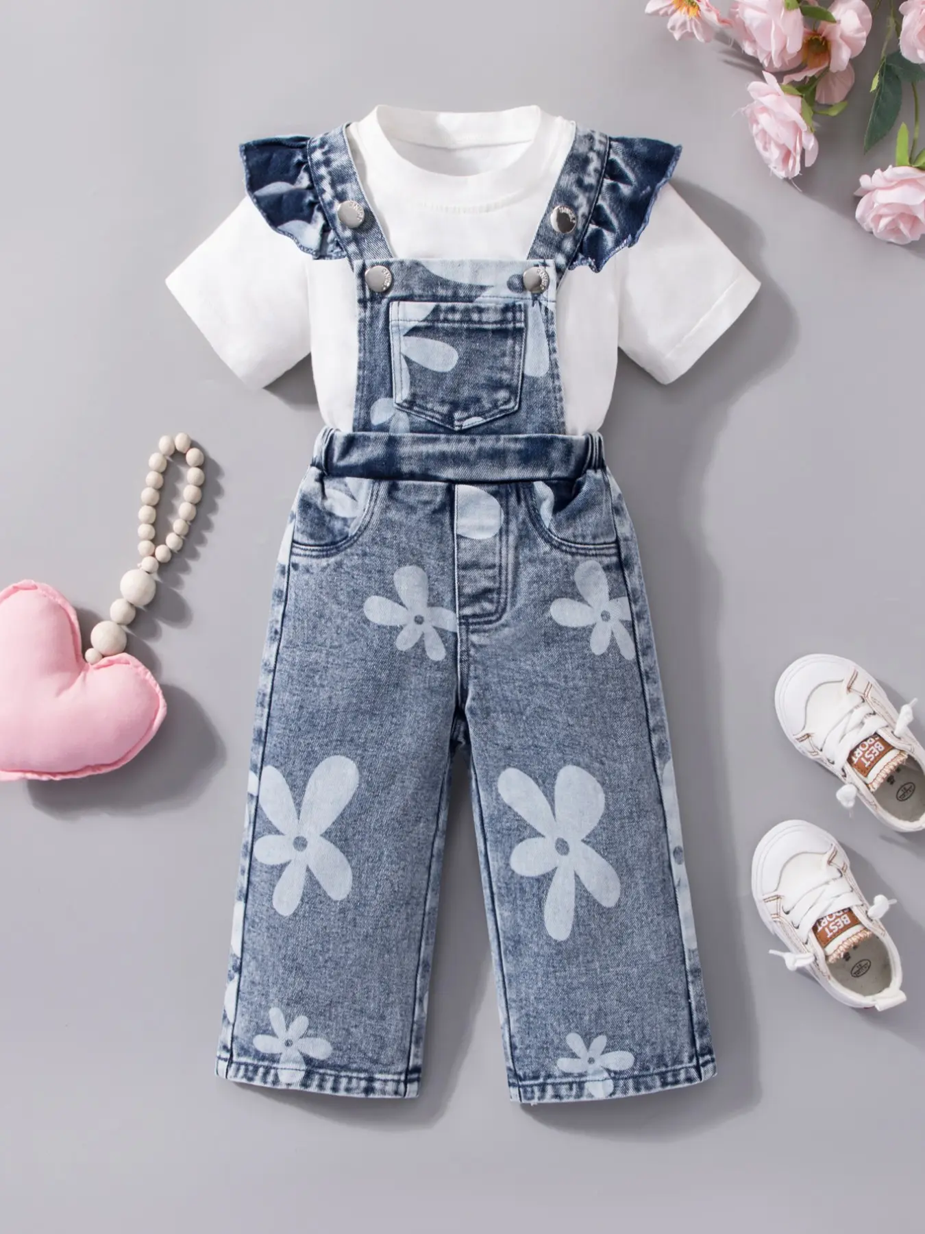 Baby Girl Denim Overalls Set, 2Pcs 6M-3T Short Sleeve T-shirt + Floral Printed Washed Blue Denim Jumpsuit Casual Outfit