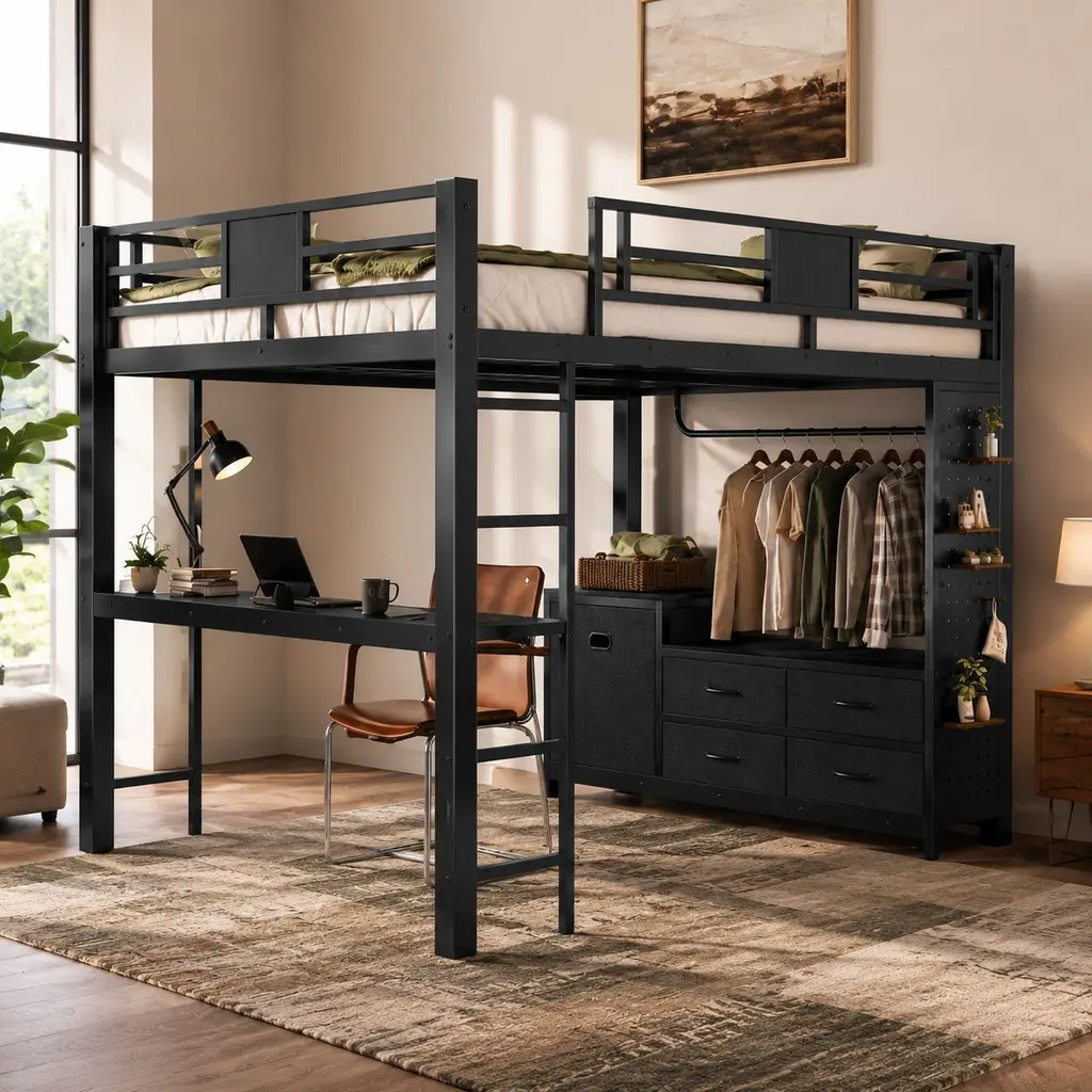 Black Metal Queen Size Loft Bed with Sturdy Steel Frame, Built-in Desk, Shelves, Clothesline Pole, Storage Pegboard, Laundry Bag, Full-Length Guardrail - Space-Saving Indoor Furniture, Easy Assembly for Dorms and Bedrooms