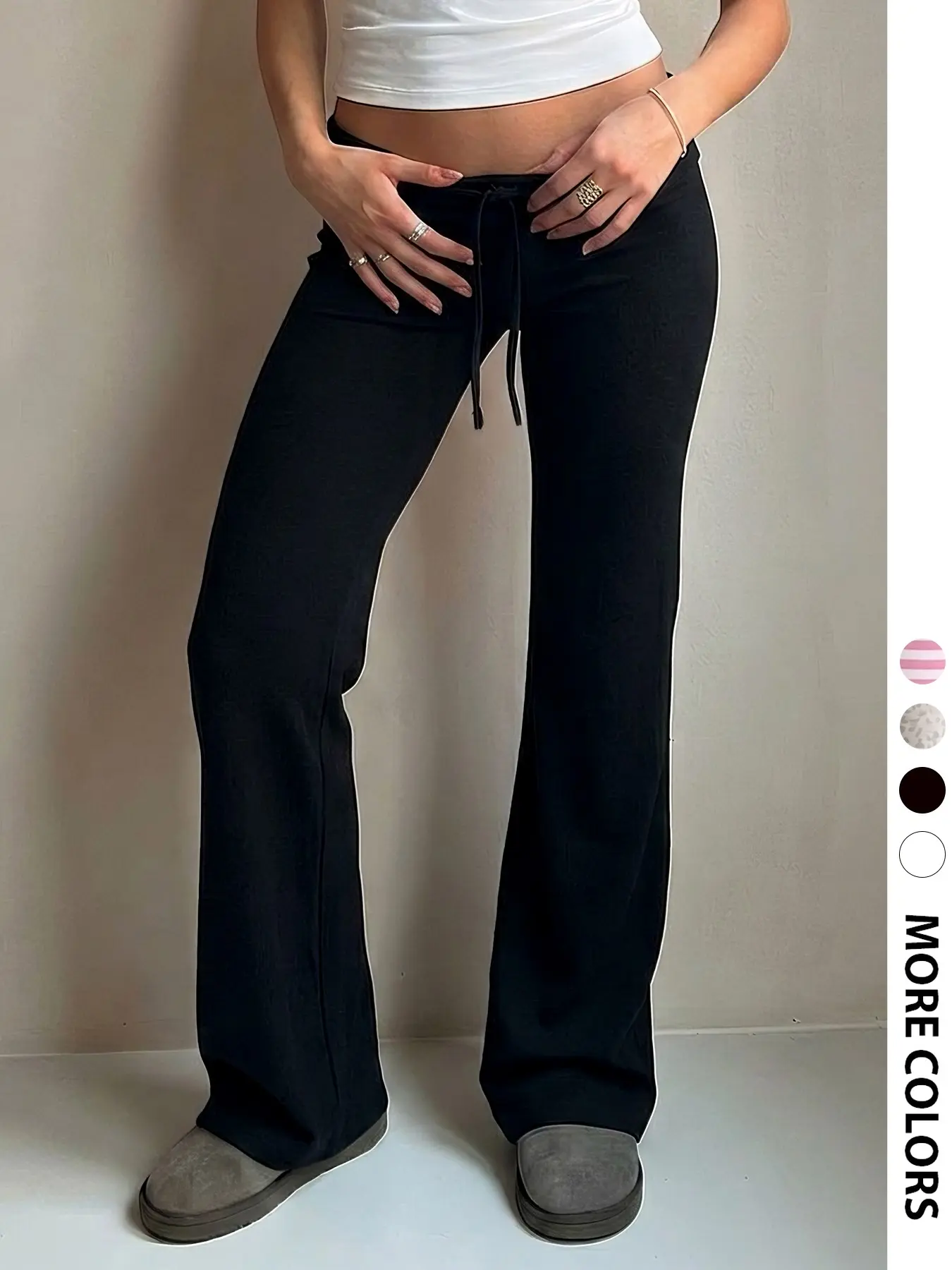 Women White Low Waist Drawstring Flared Pants, Soft Stretch Floor Length Bootcut Trousers, Casual Solid Color Slim Flare Sweat Pants, Y2K Coquette Lazy Streetwear Bottoms, Match Crop Tops For Co-ords Outfit, Daily Lounge Fashion Pants For Teen Girls And Y