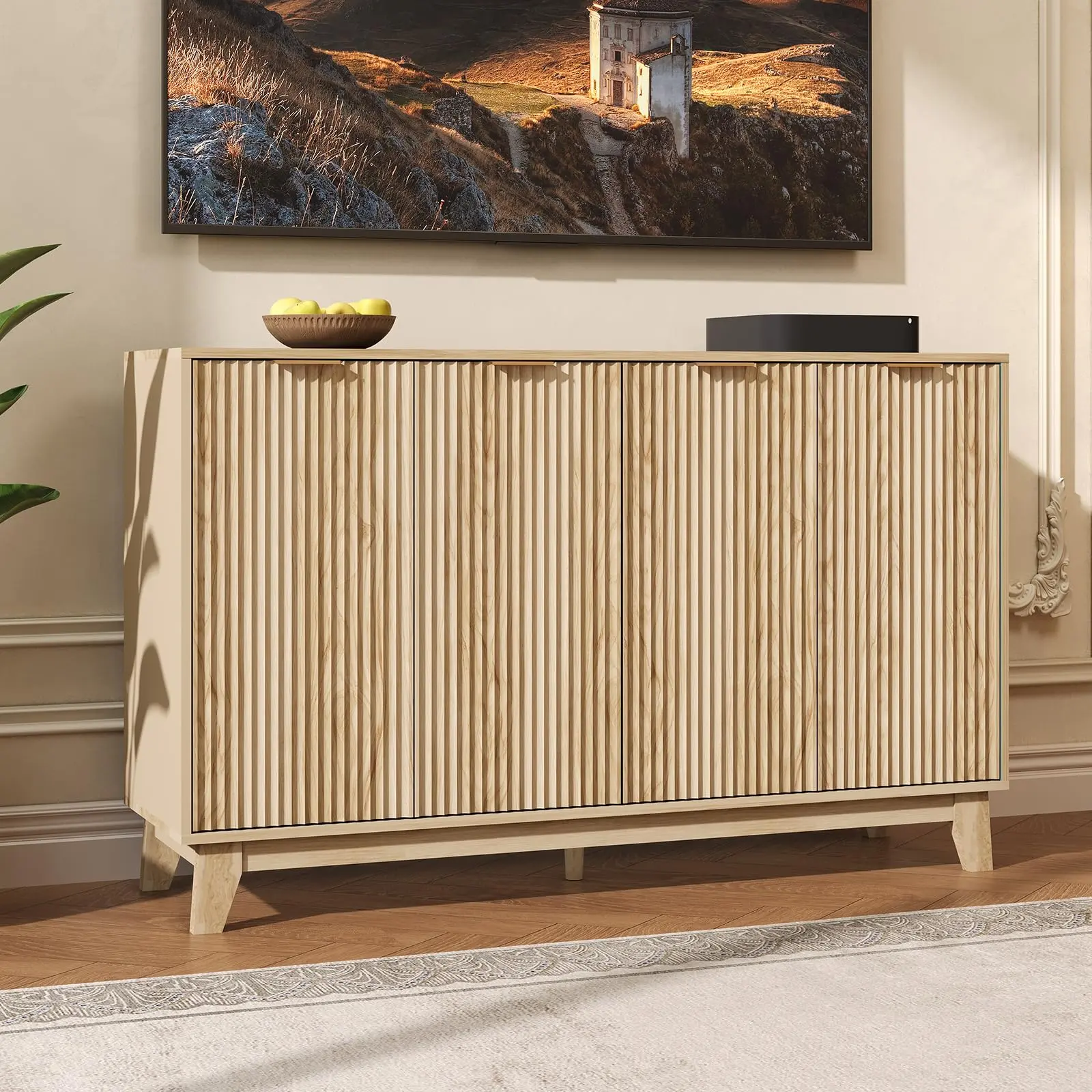 Modern Fluted Wood Metal Buffet Sideboard Cabinet - 55in - Adjustable Shelves - 4 Doors - Rounded Corners - Smooth Edges - Assembly Required - Accent Storage for Dining Room, Kitchen, Entryway