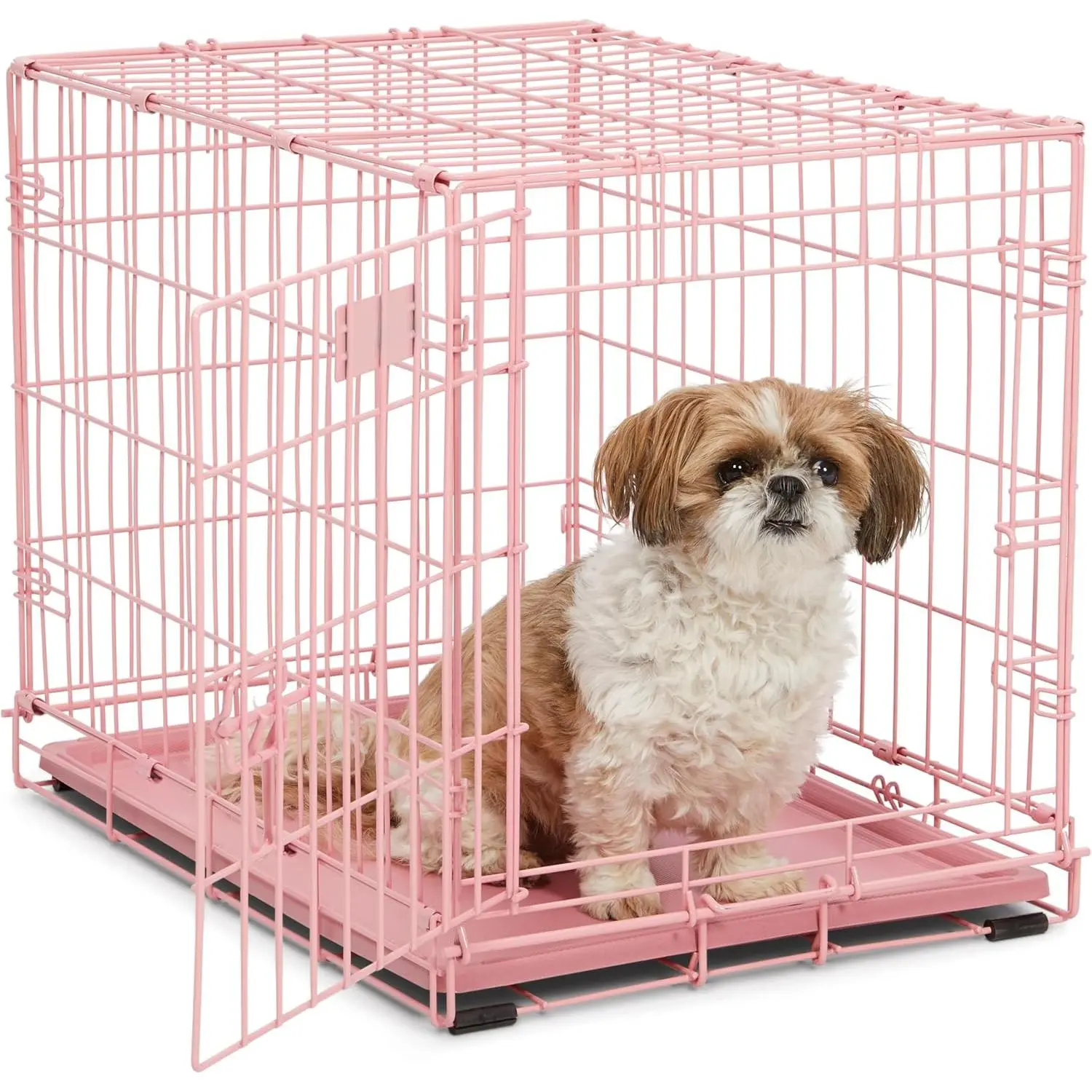 24 Inch Pink Foldable Dog Crate with Divider Panel, Single Door Kennel with Safety Lock & Leak-Proof Removable Tray, Portable Easy Assembly Pet Cage for 12-20 Lbs Small Dogs
