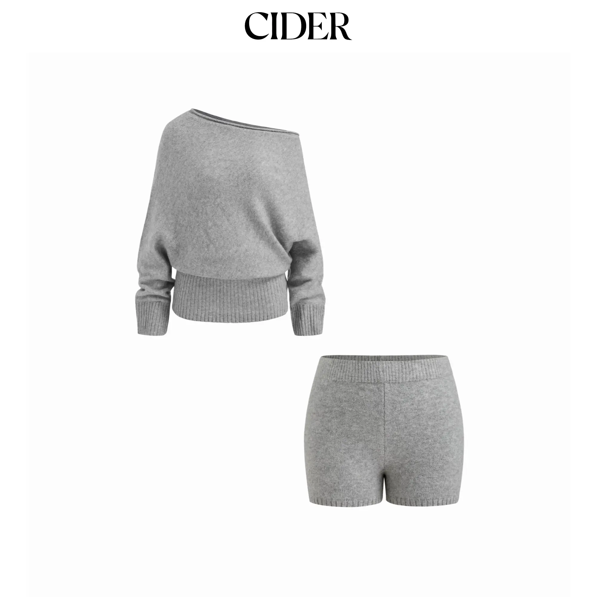 Cider Knit Wool-blend Asymmetrical Neck Long Sleeve Top & Low Rise Shorts Set