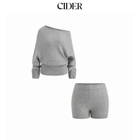 Cider Knit Wool-blend Asymmetrical Neck Long Sleeve Top & Low Rise Shorts Set