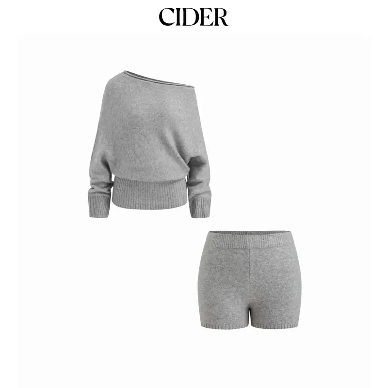 Cider Knit Wool-blend Asymmetrical Neck Long Sleeve Top & Low Rise Shorts Set