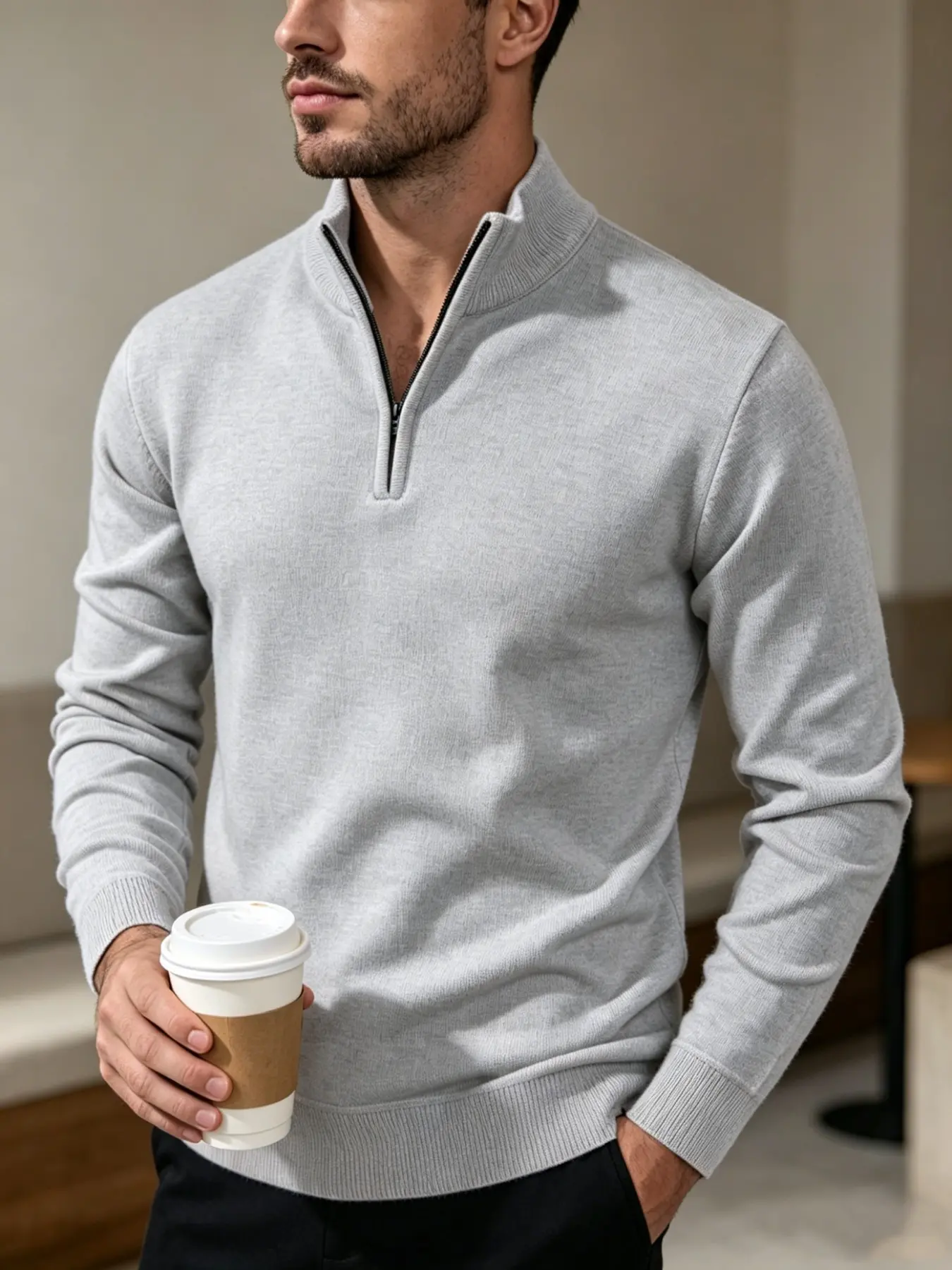 Men's Half-Zip Knit Sweater, Long Sleeve, Soft Breathable Fabric, Stand Collar Design, Slim Fit, Neutral, Knitted Casual Top, Versatile for Office & Casual Wear, Knitwear