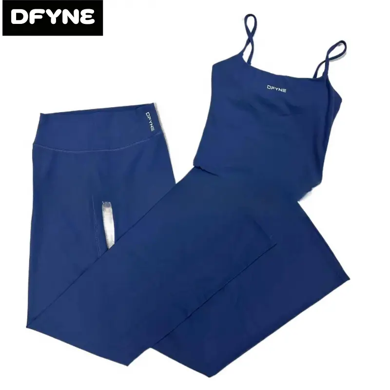 DFYNE Women's Matching Activewear Set Strappy Sports Bra and High Waist Flare Leggings Buttery Soft Workout Outfit