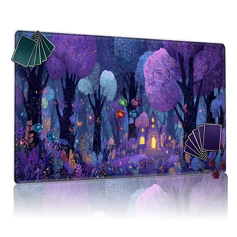 Magical Twilight Forest MTG Playmat 12x24inch, Enchanted Purple Blue Tree Fairytale House Design TCG Playmat with Non-Slip Backing, Perfect for Family Gatherings and Gift for Card Game Enthusiasts