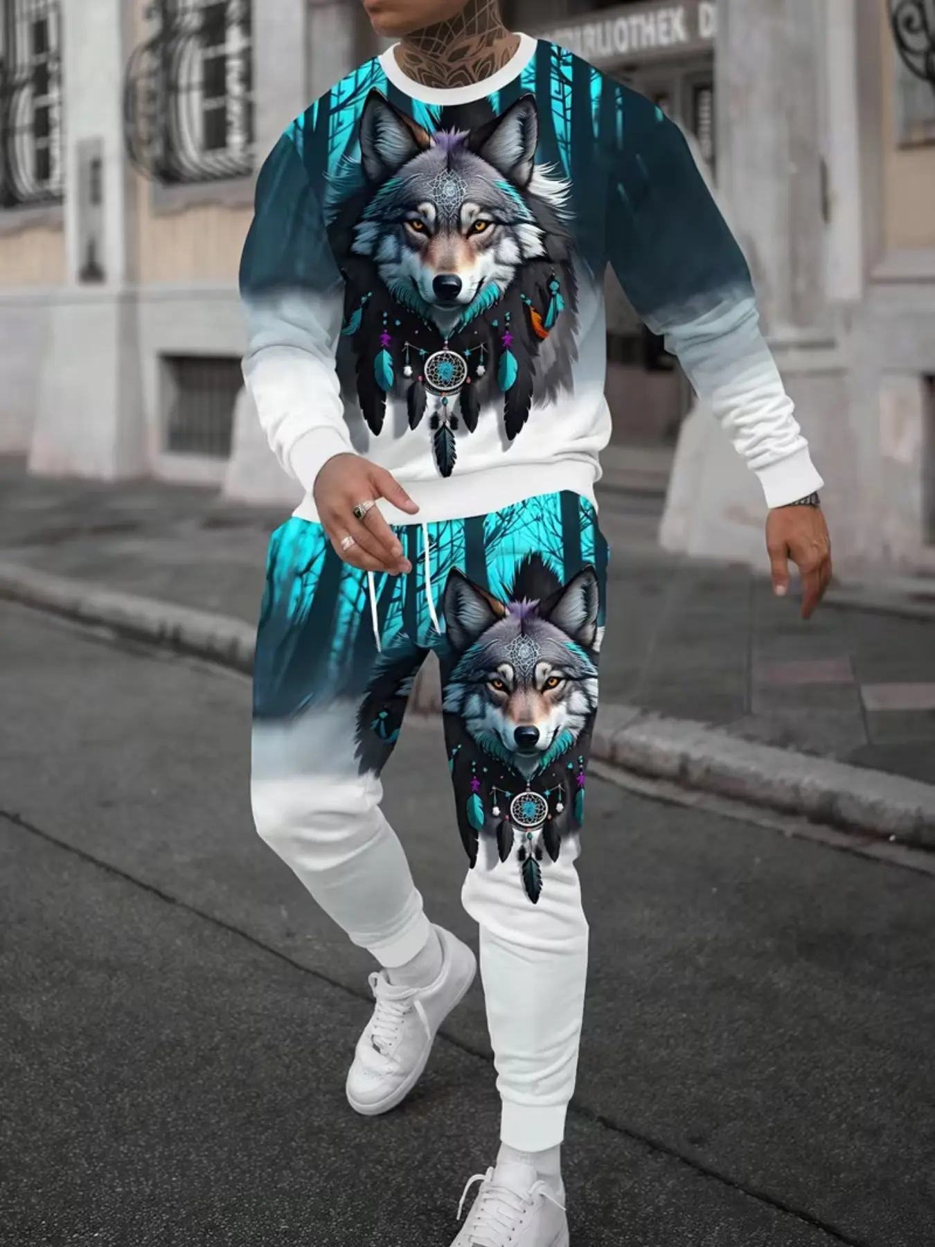 Vintage Wolf Pattern 3D Digital Print Men's Set, Round Neck Long Sleeve Sweatshirt, Drawstring Casual Pants, All Seasons