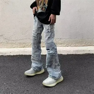 2026 Spring Men's Distressed Ripped Baggy Jeans Hip Hop Fashion Straight Leg Flared Jean Patchwork Y2K Streetwear Denim Pants