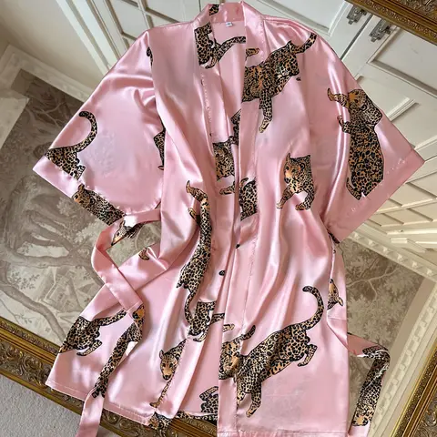 Classic Leopard Print Kimono Sleepwear for Women, High Waist Tie Design, Conceals Belly, Slimming Home Wear, Versatile and Stylish, Bathrobe