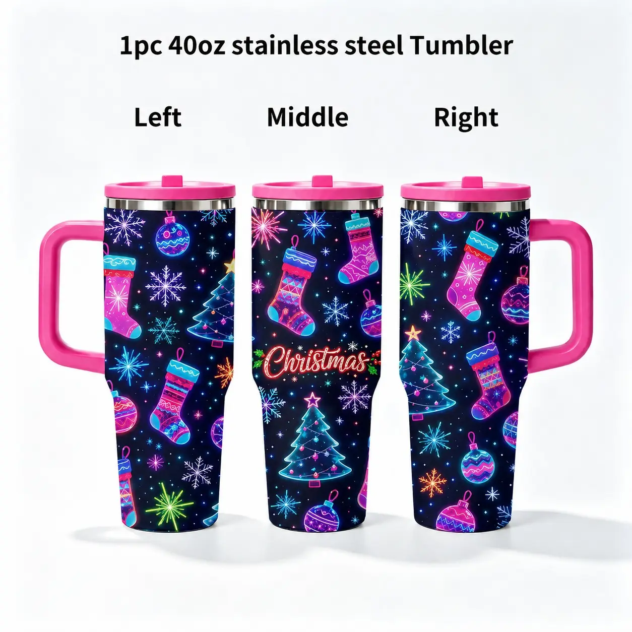 1PC 40oz Neon Christmas Tree Stocking Snowflake Insulated Tumbler with Handle & Flip Lid, Double Wall Vacuum Travel Mug, Hot 12H Cold 24H, Large Capacity Cup for Men and Women, Christmas Holiday Gift