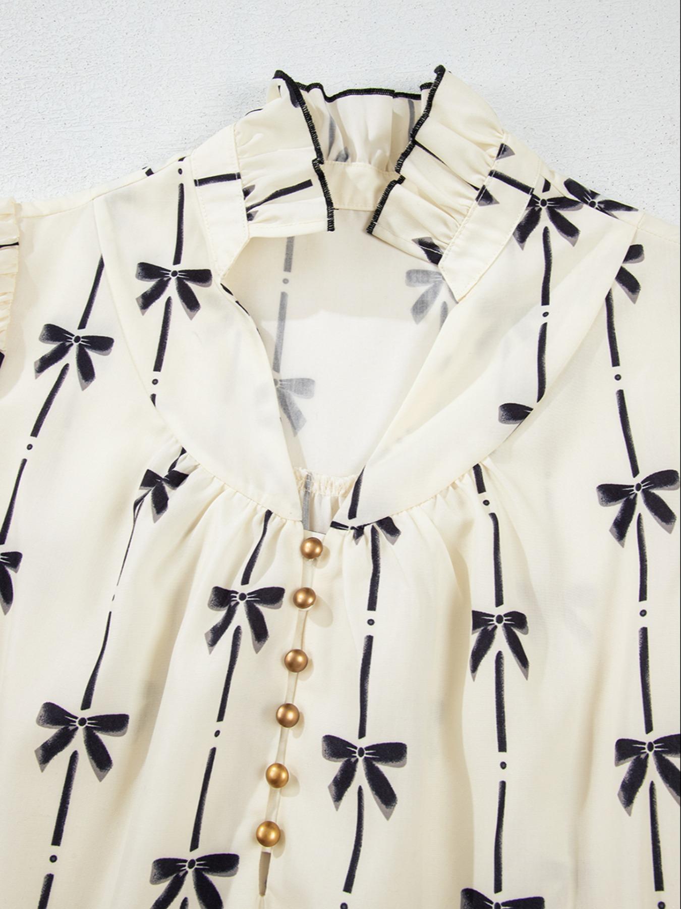 Women's Bowknot Print Bubble Sleeve Dress, Fashion Casual Fitted Short Sleeve Dress for Daily Outdoor Wear, Ladies Clothes for All Seasons