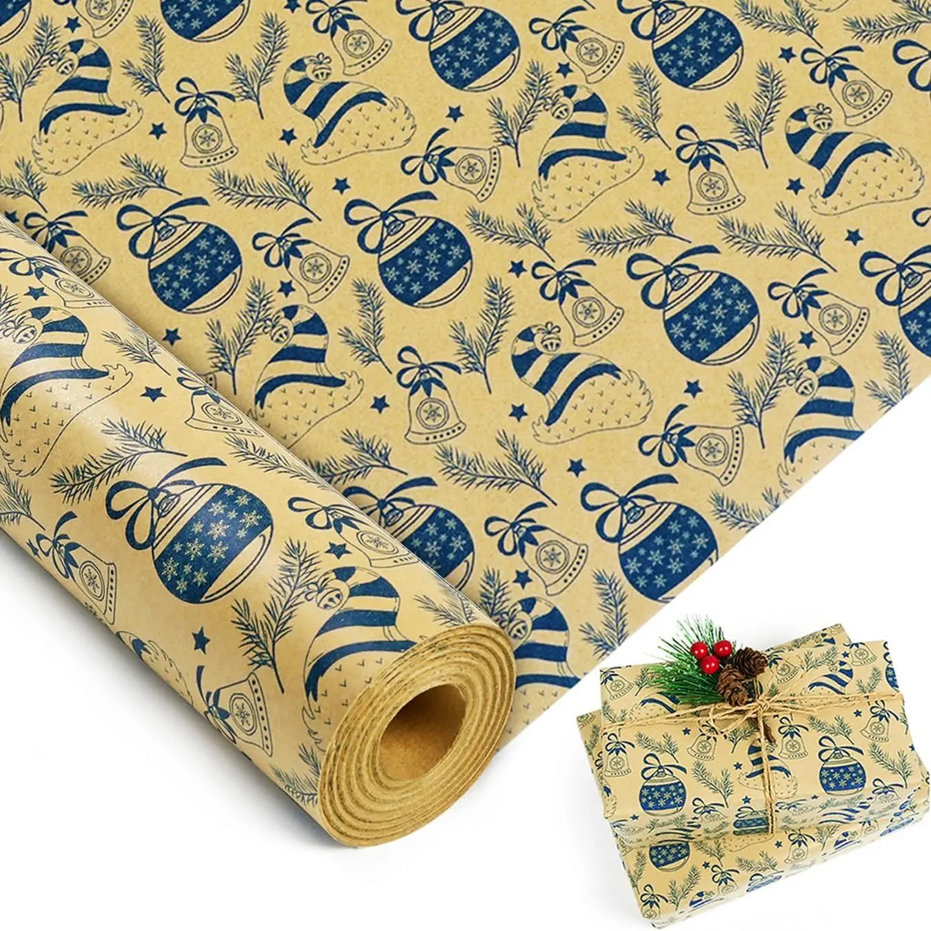 Christmas Wrapping Paper Roll - 17 Inch x 49   Brown  Xmas Wrapping Paper Roll Printed with Xmas Balls, Santa's Hat, Bells Design Christmas Wrapping Paper for Xmas,  Year, Winter Holiday (69.4 sq.ft.ttl)