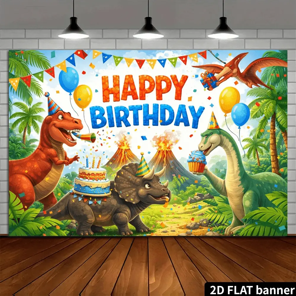 A 2D Dinosaur-Themed Birthday Party Backdrop, Happy Birthday Backdrop, Featuring Cartoon T-Rex, Triceratops in a Volcanic Jungle Scene, Complete with Colorful Flags, Balloons, Cakes, Gift Elements. Made of Durable Polyester