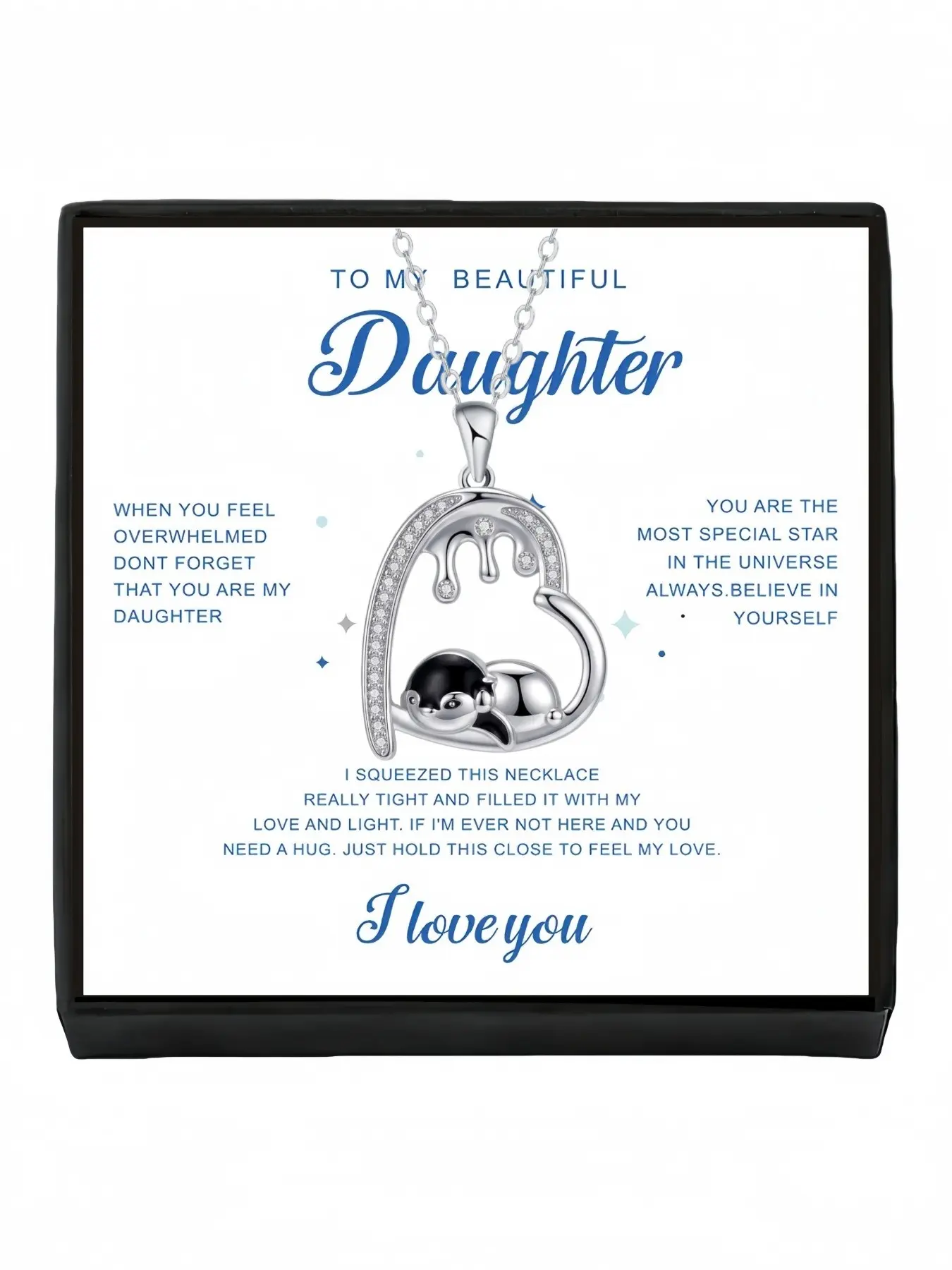 Penguin Sweetheart Heart-shaped penguin necklace with exquisite zircon pendant, non-fading titanium steel clavicle chain. Comes with greeting card for daughter, ideal birthday and holiday surprise gift.